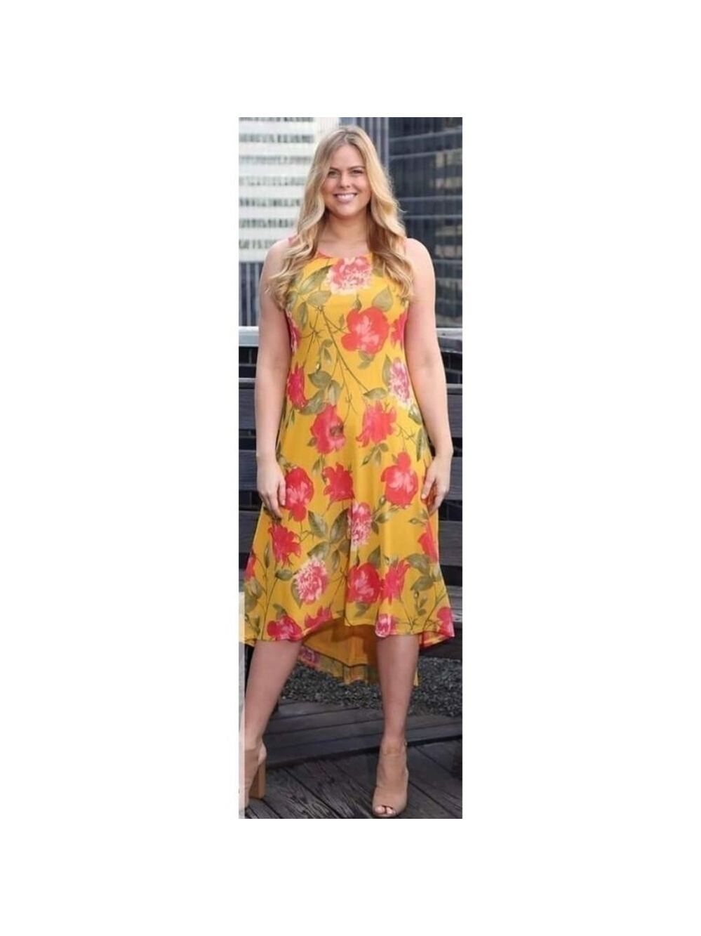 Nina Leonard Mesh Overlay Mustard Floral High Low Dress